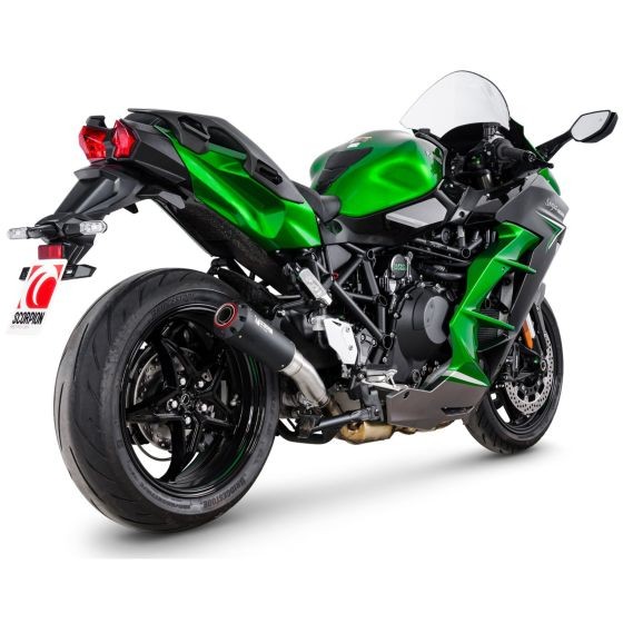 Scorpion Red Power slip-on exhaust featuring a black ceramic sleeve, mounted on a green and black motorcycle with a sleek design and dual rear lights.