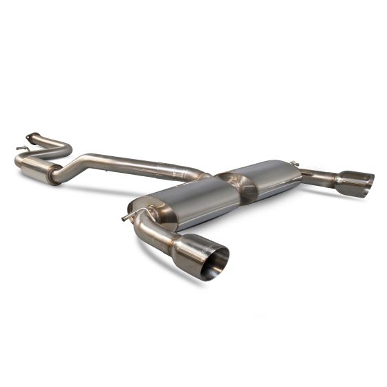 Scorpion Resonated 2.5" cat-back exhaust system featuring polished stainless steel construction with two 100mm round Daytona tailpipes.
