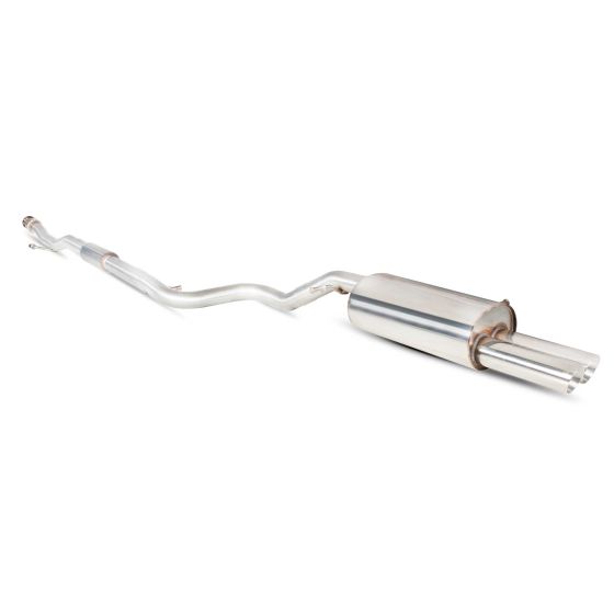 Scorpion 2.5" cat-back exhaust system featuring a polished stainless steel muffler and two 76mm round Daytona tailpipes, designed for enhanced performance and sound.