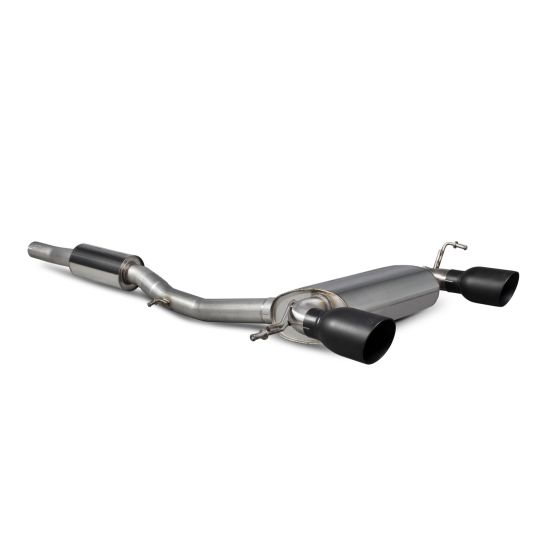 Scorpion 2.75" cat back exhaust system featuring stainless steel construction, dual 100mm round Daytona ceramic black tailpipes, and a sleek, polished design.