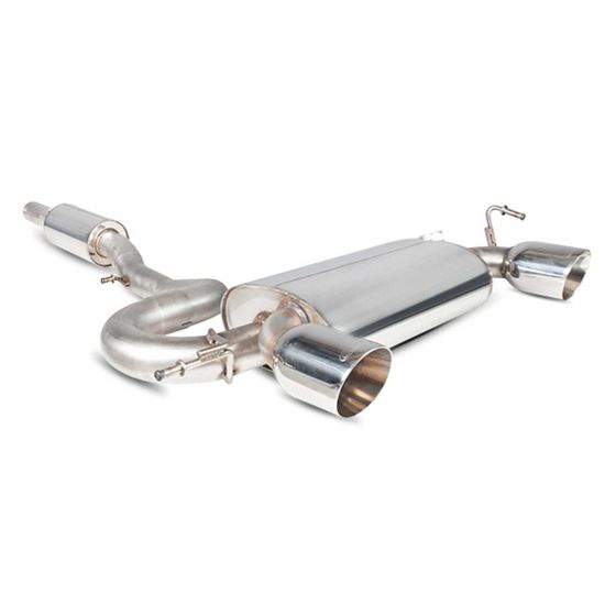 Polished stainless steel cat-back exhaust system featuring dual 100mm round Daytona tailpipes, designed for enhanced performance and sound.