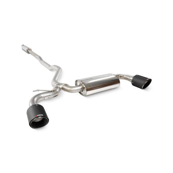 Scorpion Resonated 2.75" cat-back exhaust system featuring polished stainless steel construction and two 114mm round Ascari carbon fiber tailpipes.