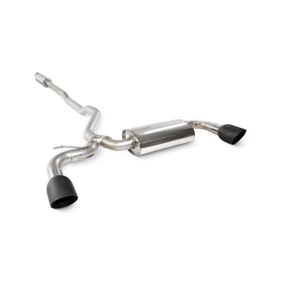 Scorpion Resonated 2.75" cat-back exhaust system featuring a polished stainless steel body and two 114mm round Daytona ceramic black tailpipes.