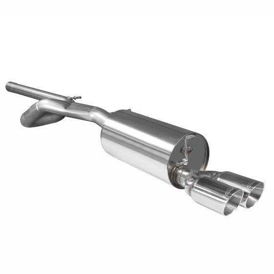Polished stainless steel cat-back exhaust system featuring a resonated design, 2.75" diameter, and dual 89mm round Daytona tailpipes for enhanced performance and sound.