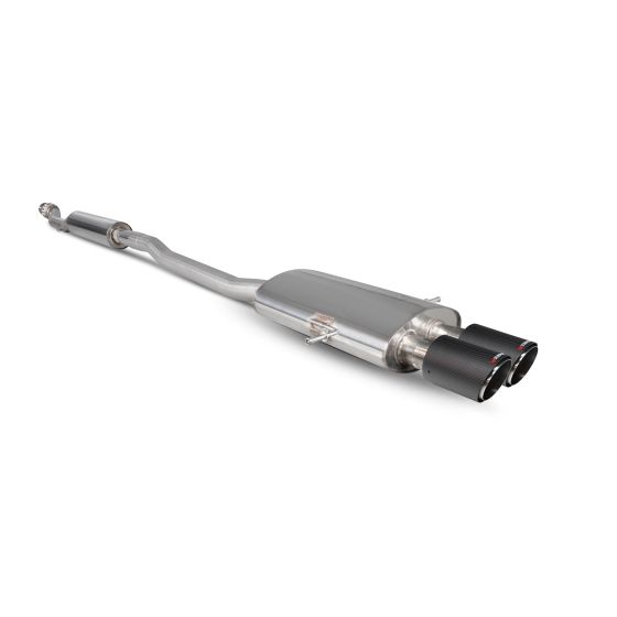 Scorpion 2.75" cat back exhaust system featuring a polished stainless steel body and dual 90mm round carbon fiber tailpipes.