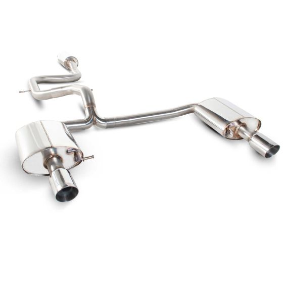 Scorpion 2.75" cat back exhaust system featuring polished stainless steel construction, with two 90mm round Daytona tailpipes and a sleek, curved design.