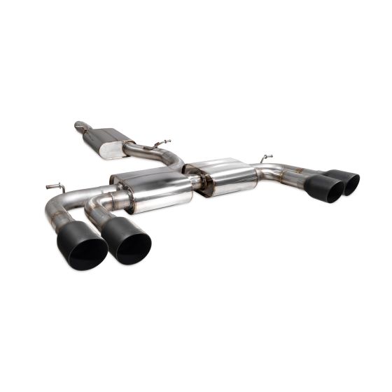 Scorpion 3.15" GPF back exhaust system featuring polished stainless steel construction and four 100mm round Daytona ceramic black tailpipes.