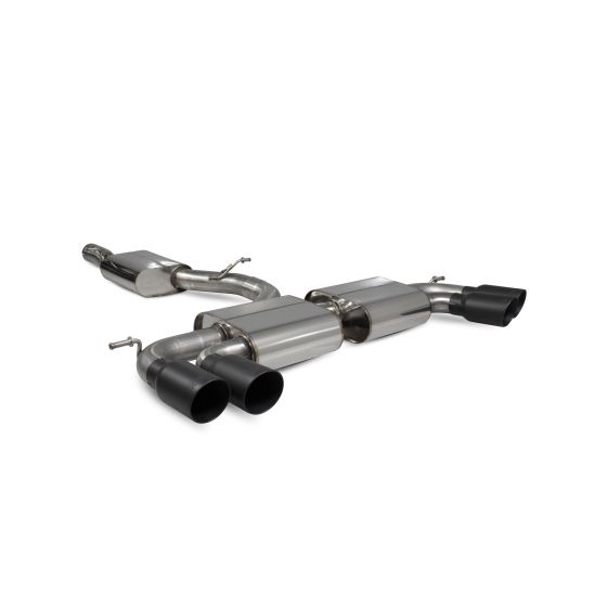 Scorpion 3.15" GPF back exhaust system featuring polished stainless steel construction with 4x 114mm round Daytona ceramic black tailpipes.