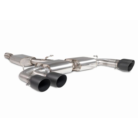Scorpion Resonated 3.15" GPF Back Exhaust System featuring polished stainless steel construction and four 4-inch round Daytona ceramic black tailpipes.