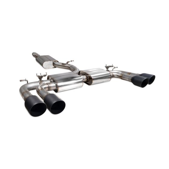 Scorpion Resonated 3.15" GPF Back Exhaust System featuring stainless steel construction and four 100mm round Daytona ceramic black tailpipes.