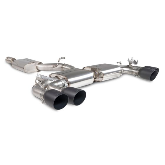 Scorpion Resonated 3.15" GPF Back Exhaust System featuring a polished stainless steel body and four 4-inch round Daytona ceramic black tailpipes.