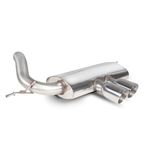 Polished stainless steel cat back exhaust system featuring a resonated design, with two 100mm round Daytona tailpipes and a sleek curved outlet pipe.