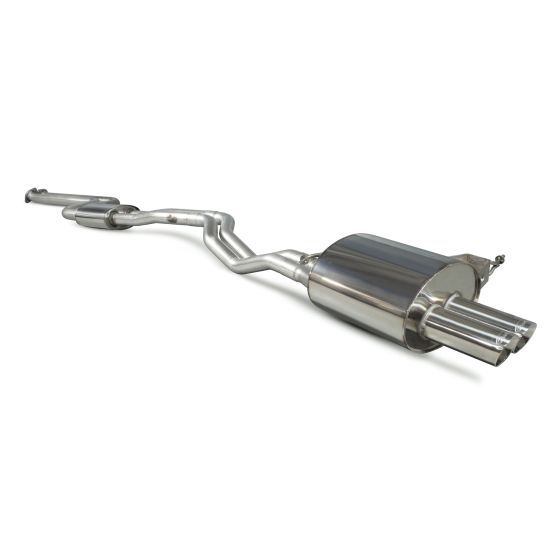 Polished stainless steel exhaust system featuring a resonated design, 3-inch diameter, with two 76mm round Daytona tailpipes for enhanced performance and sound.