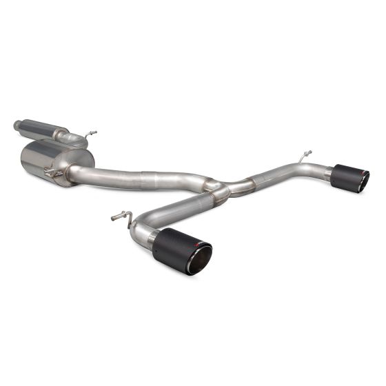 Scorpion Resonated 3" GPF Back Exhaust System featuring polished stainless steel pipes and two 100mm round carbon fibre tailpipes.