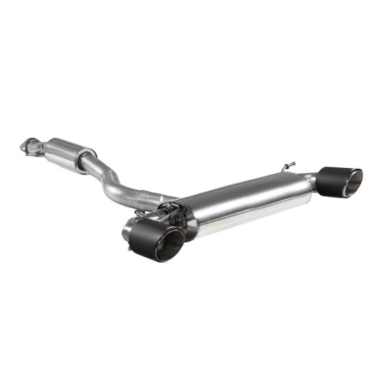 Scorpion Resonated 3" GPF Back Exhaust System featuring a polished stainless steel body and two 114mm round Ascari carbon fibre tailpipes.