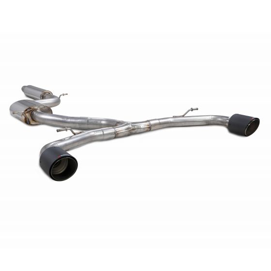 Scorpion Resonated 3" GPF Back Exhaust System featuring dual 4.5-inch round Ascari carbon fibre tailpipes and polished stainless steel tubing.