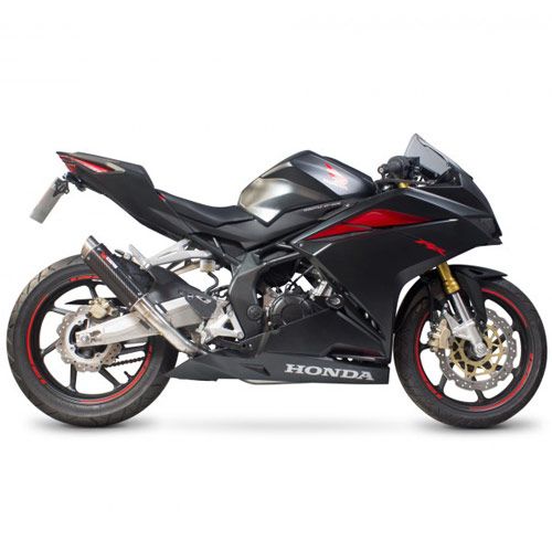 Scorpion RP1-GP Full System features a sleek carbon sleeve, chrome exhaust tip, and a matte black finish, designed for enhanced performance and style on Honda motorcycles.