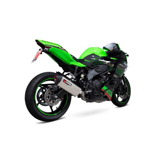 Satin titanium exhaust system with Scorpion branding, featuring a sleek design, mounted on a vibrant green motorcycle with black accents and a sporty rear profile.