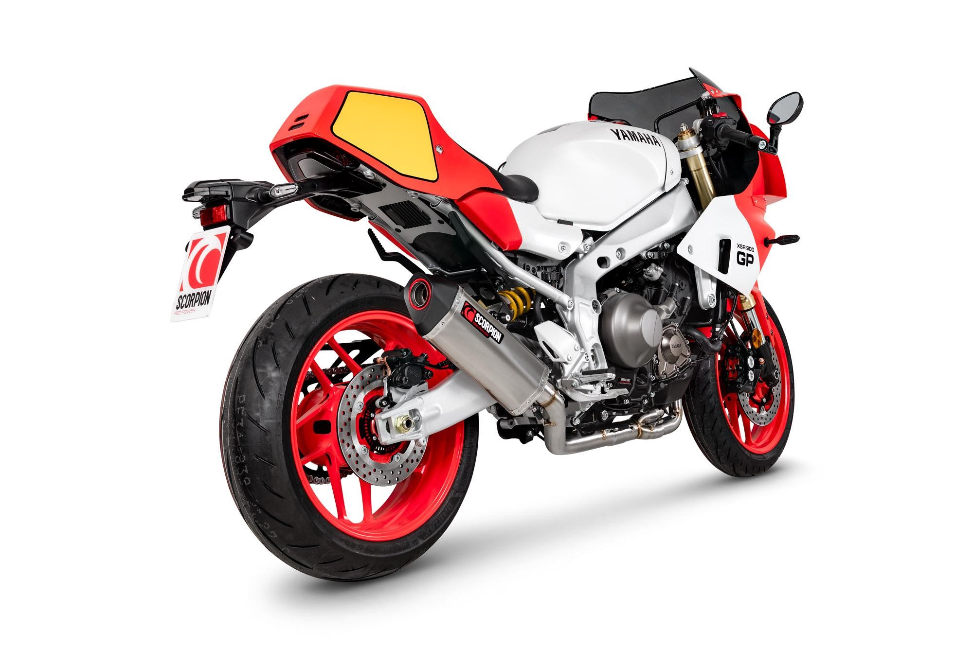 Scorpion Serket Full System Titanium exhaust for Yamaha XSR 900 GP 2024-2025, featuring a sleek titanium finish, red and yellow accents, and a sporty design.