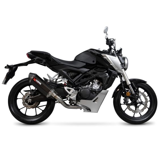 Scorpion Serket Parallel Full System exhaust features a sleek carbon sleeve, black finish, and polished stainless steel components, designed for enhanced motorcycle performance.