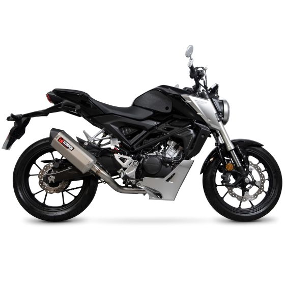 Sleek black motorcycle featuring a Scorpion Serket Parallel Full System exhaust with a satin titanium sleeve, showcasing a modern design and high-performance components.