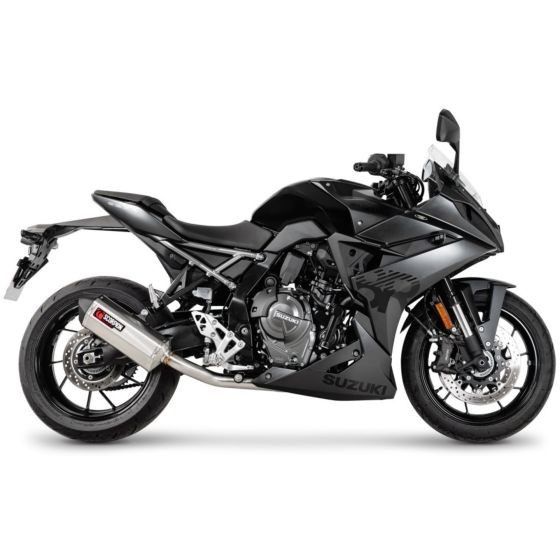Scorpion Serket Parallel Full System in stainless steel for Suzuki GSX-8R 2024-2025, featuring a sleek black motorcycle with a prominent exhaust and sporty design.