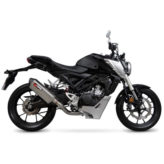 Scorpion Serket Parallel Full System features a sleek stainless steel sleeve, enhancing performance with a polished finish, mounted on a black motorcycle with sporty design elements.