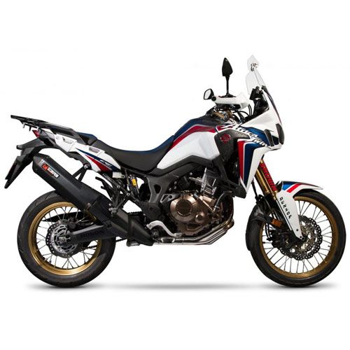 Scorpion Serket Parallel Silencer features a sleek black ceramic sleeve, designed for road legality, mounted on a motorcycle with a striking white and red color scheme.
