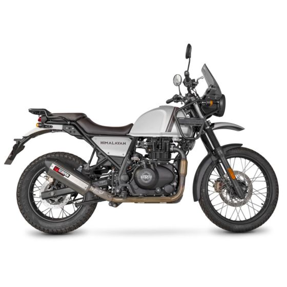 Scorpion Serket Slip-on exhaust in stainless steel, fitted on a Royal Enfield Himalayan 411 motorcycle, featuring a sleek design and a matte finish.