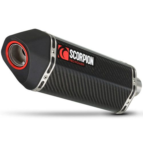 Scorpion Serket Parallel Silencer with a sleek carbon fiber sleeve, featuring a red accent ring and stainless steel end cap, designed for enhanced motorcycle performance.