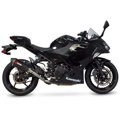 Scorpion Serket Parallel Silencer features a sleek carbon fiber sleeve, designed for road legality, mounted on a black Kawasaki motorcycle with a sporty profile.
