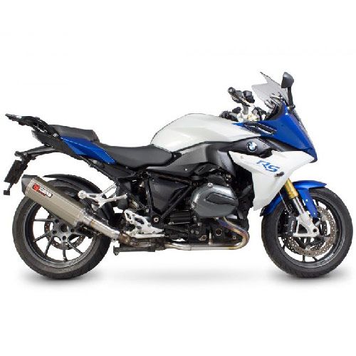 Satin titanium sleeve silencer with a sleek design, mounted on a blue and white BMW motorcycle, showcasing its modern aesthetics and performance features.