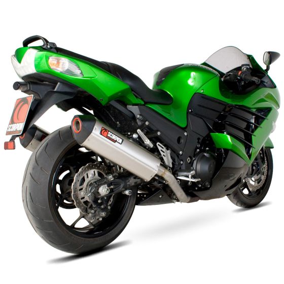 Stainless steel silencer sleeves in a pair, featuring a sleek design, mounted on a green motorcycle with a black rear and prominent Scorpion branding.