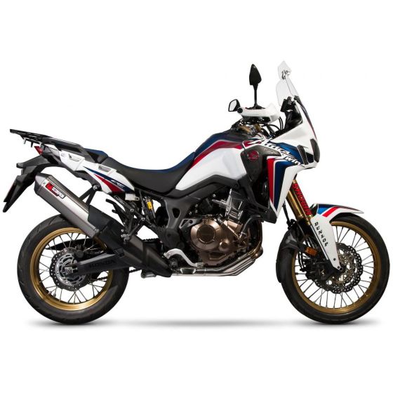 Scorpion Serket Parallel Silencer features a sleek stainless steel sleeve, designed for road legality, with a polished finish and a modern, sporty look for motorcycles.