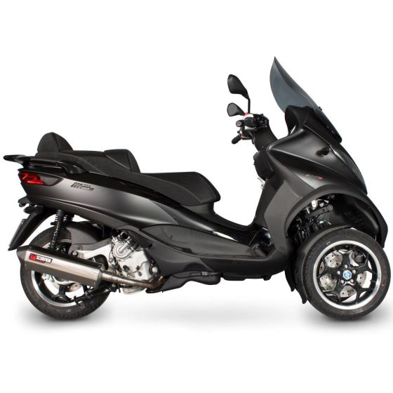 Scorpion Serket Parallel Silencer features a sleek stainless steel sleeve with a polished finish, designed for enhanced performance on a black scooter with a modern, sporty look.
