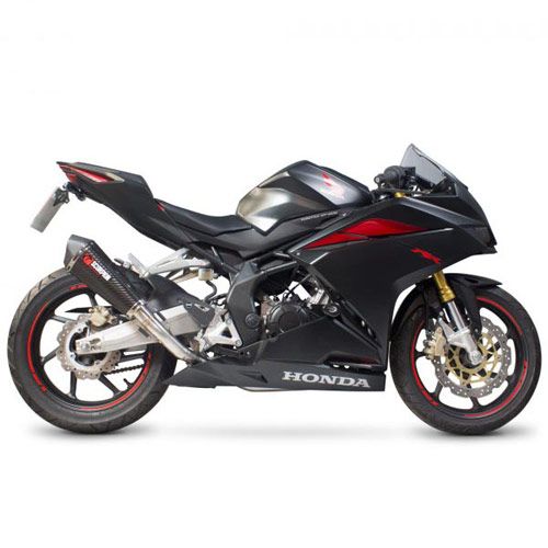 Scorpion Serket Taper Full System features a sleek carbon sleeve, designed for road legality, with a glossy black finish and red accents, enhancing performance and style.