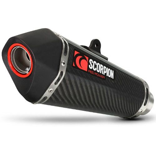 Scorpion Serket Taper Full System features a sleek carbon fiber sleeve, silver stainless steel end cap, and a bold red and black logo, designed for enhanced performance and style.