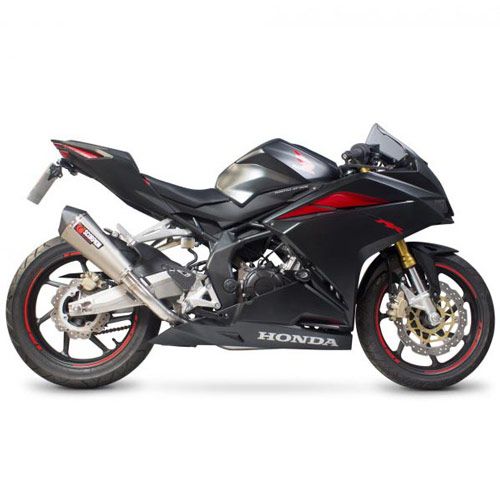 Scorpion Serket Taper Full System exhaust in satin titanium, featuring a sleek design, mounted on a black Honda motorcycle with red accents and sporty styling.