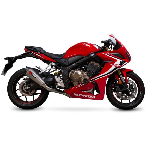 Scorpion Serket Taper full exhaust system features a satin titanium sleeve, sleek design, and is mounted on a red Honda motorcycle with sporty accents.