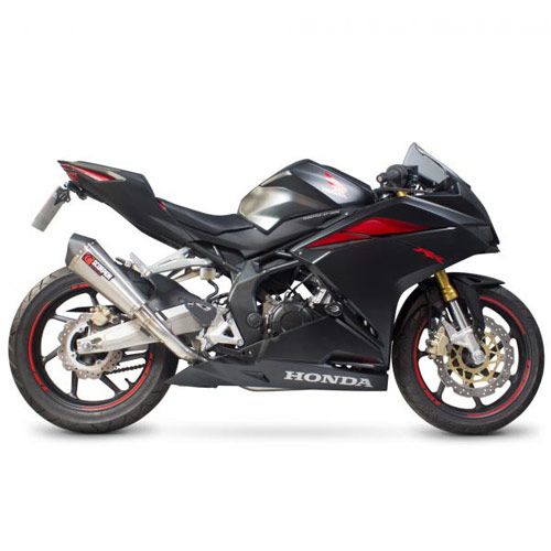 Scorpion Serket Taper Full System features a stainless steel sleeve, sleek design, and is road legal, showcased on a black Honda motorcycle with red accents.