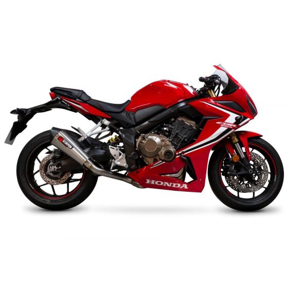 Scorpion Serket Taper Full System features a stainless steel sleeve, sleek design, and is mounted on a red Honda motorcycle, showcasing its sporty aesthetic and performance enhancements.