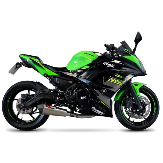 Scorpion Serket Taper Full System features a titanium sleeve, designed for a Kawasaki Ninja, showcasing a sleek black and vibrant green color scheme with a sporty exhaust.