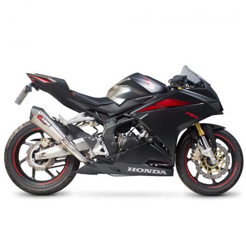 Scorpion Serket Taper Silencer in stainless steel, featuring a sleek design with a polished finish, mounted on a black Honda motorcycle with red accents.