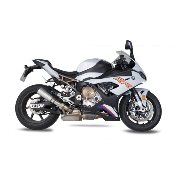 Stainless steel silencer sleeve with a tapered design, featuring a sleek, polished finish, designed for enhanced performance on motorcycles.