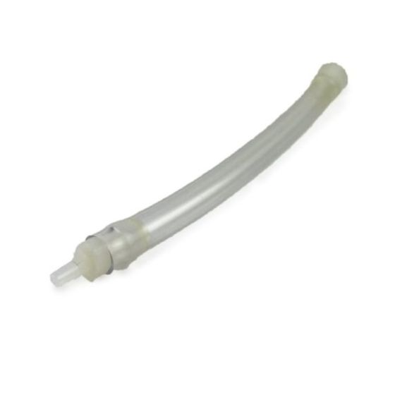 Transparent flexible tube with a tapered spout, designed for filling and priming Scottoiler Bio Oil, featuring a smooth surface and a slightly wider base for easy attachment.