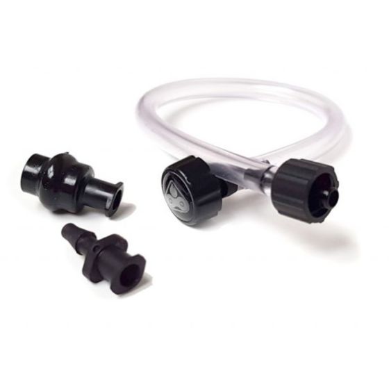 Clear plastic tubing with black plastic connectors and a valve, designed for the Scottoiler Breather Extension, showcasing a flexible design for easy installation.
