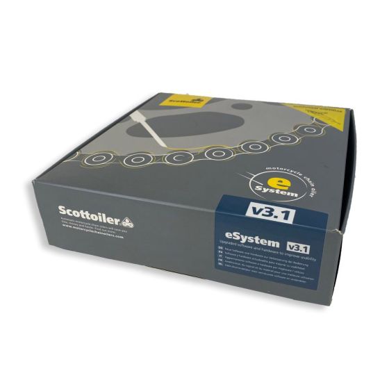 Scottoiler ESystem V3.1 packaging in grey with yellow accents, featuring a chain graphic, designed for electronic chain oiling, includes high-temperature oil.
