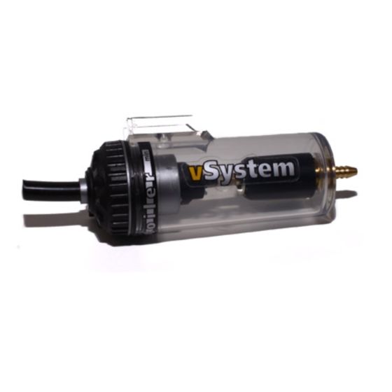Clear plastic reservoir with a black cap and nozzle, featuring the "vSystem" logo, designed for automatic motorcycle chain lubrication.