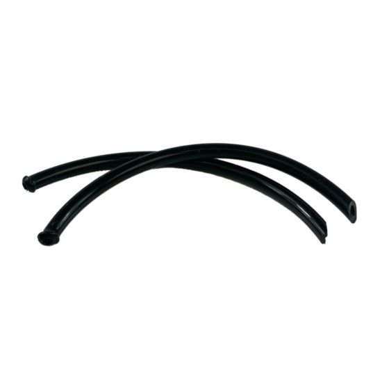 Curved black replacement injector tubes made of durable plastic, designed for Scottoiler systems, featuring smooth surfaces and open ends for easy installation.