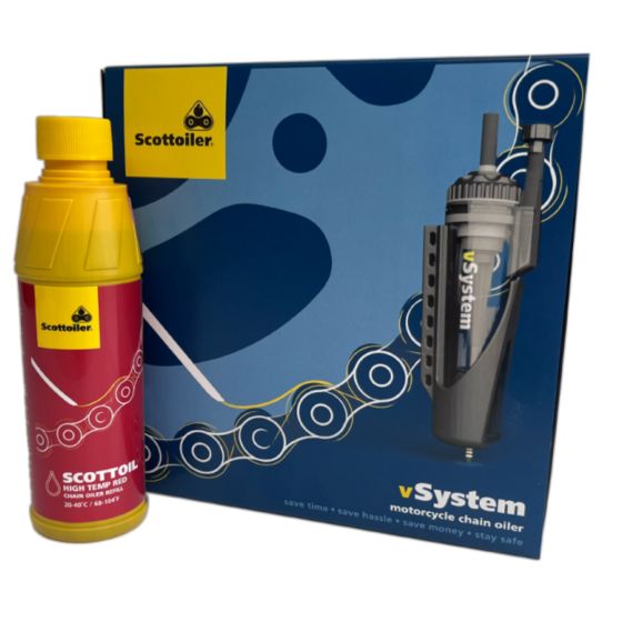 Scottoiler VSystem Universal Edition Chain Oiler with a yellow and red bottle of Scottoil High Temperature Oil, featuring a sleek gray oiling unit on a blue and white branded box.